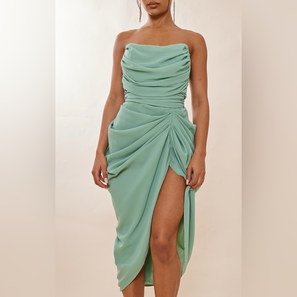 Elegant Strapless Sage Green Evening Dress